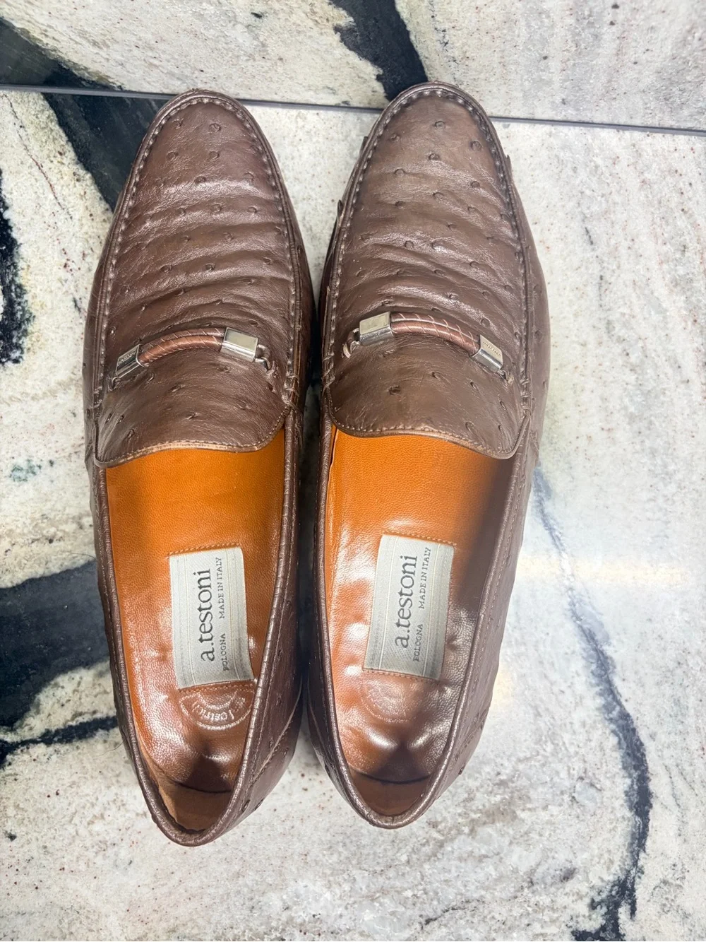 A. Testoni Brown Genuine Ostrich Leather Loafers Italy UK 8 G US ~9.5